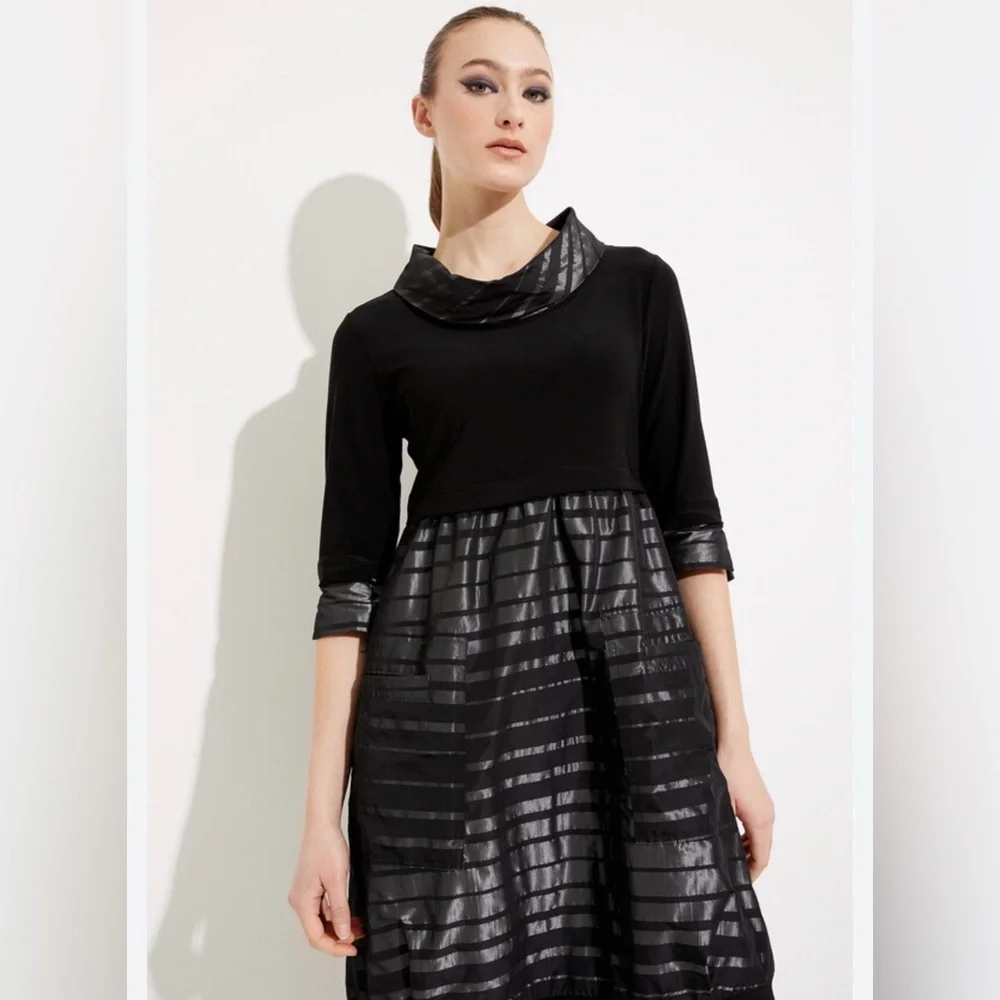 Joseph Ribkoff Black Cowl Neck‎ 3/4 Sleeve Metallic Stripe Dress Size 4